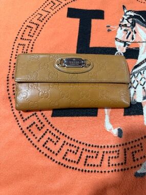 Gucci Caramel Embossed Leather Continental Wallet with Silver Plaque